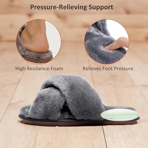 Crazy Lady Women's Fuzzy Fluffy House Slippers Cute Plush Memory Foam Shoes Cross Band Indoor Outdoor Open Toe Sandals(06/Grey, 7-8) - Image 4