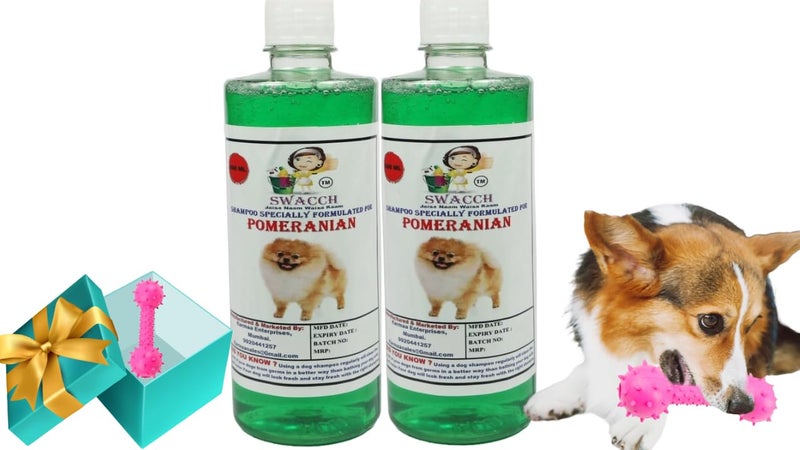 swacch Pomeranian Dog Shampoo + Dumbbell Toy I Durable Rubber Dog Toy for Chewing I Playing,Teeth Cleaning & Training Toy I Combo Pack I 500ml Pack of 2 Neem Alovera - Image 1