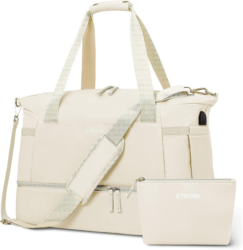 ETRONIK Gym Bag for Women, Personal Item Travel Bag with Shoes Compartment, Weekender Overnight Duffel Bag with Wet Pocket & USB Charging Port, Carry On Bag for Women, Travel, Gym, Weekend (Beige) - Image 4