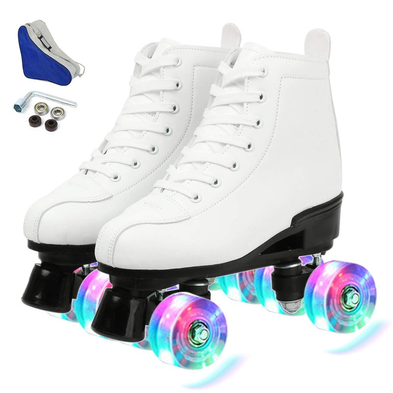 XUDREZ XUDREZ Roller Skates Double Row Skates Adjustable High-top Roller Skates Indoor Outdoor Adult Roller Skates, White flash wheel, 38=UK:5.5 - Image 1