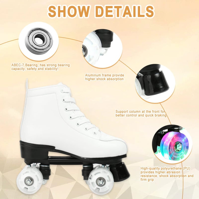 XUDREZ XUDREZ Roller Skates Double Row Skates Adjustable High-top Roller Skates Indoor Outdoor Adult Roller Skates, White flash wheel, 38=UK:5.5 - Image 2