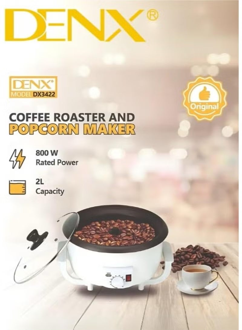 Denx محماص قهوة كهربائي DX3422 وصانع فشار 800 واط، سعة كبيرة 2 لتر، تحكم في درجة الحرارة قابل للتعديل، غطاء زجاجي شفاف، محماص حبوب قهوة متعدد الاستخدامات، صانع فشار ومكسرات - Image 5