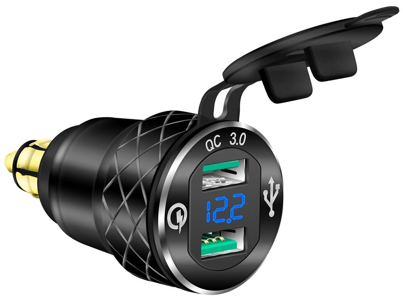DaierTek DIN Hella Plug to Dual USB Charger Adapter for BMW Triumph Tiger Ducati Motorcycle Quick Charge QC 30 Powerlet Waterproof with Blue LED Voltmeter