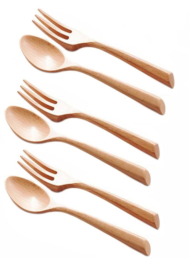Kyien 6Pcs Wood Soup Spoons And Forks Sets 7.5In Natural Wood Eating Utensils Wooden Flatware Set, Eco Friendly Wood Cutlery Wooden Dinner Fork And Spoon, 3 Spoons and 3 Forks - Image 1