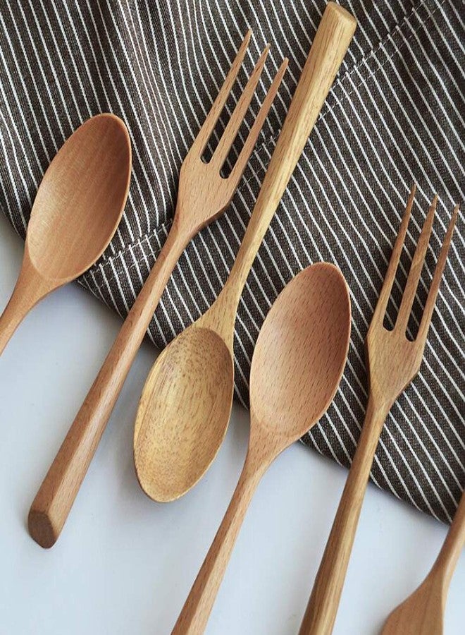 Kyien 6Pcs Wood Soup Spoons And Forks Sets 7.5In Natural Wood Eating Utensils Wooden Flatware Set, Eco Friendly Wood Cutlery Wooden Dinner Fork And Spoon, 3 Spoons and 3 Forks - Image 4