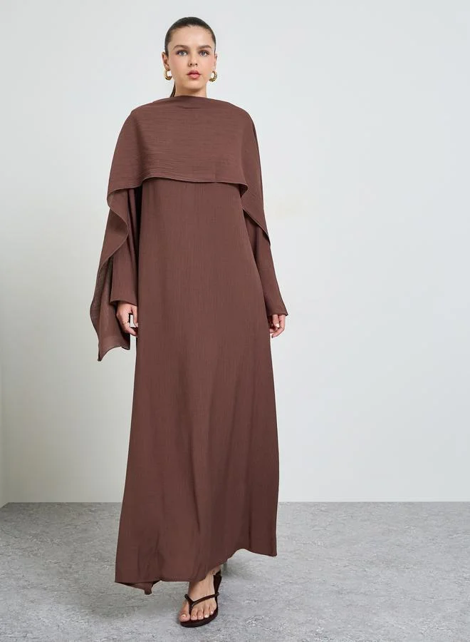 Take Two Brown Solid Long Sleeves Dress with Removable Cape Set