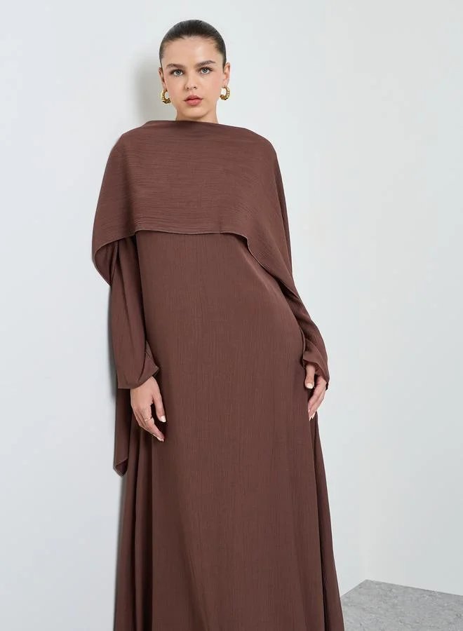 Take Two Brown Solid Long Sleeves Dress with Removable Cape Set