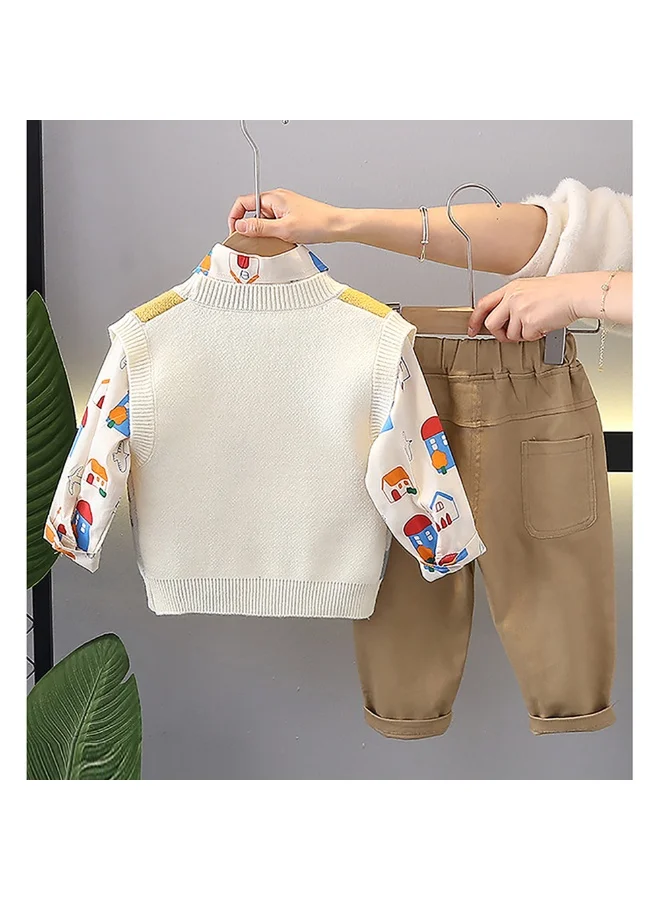 LITTLE SURPRISE BOX 3pcs Yellow Village Theme CardiganShirt and matching Pants set for Toddlers and Kidswinter and all season wear