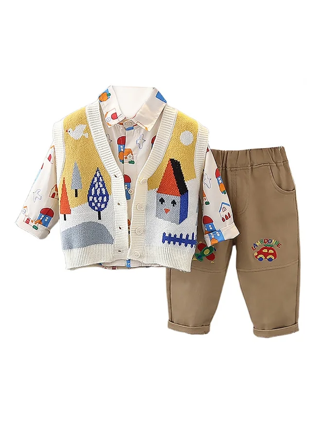 LITTLE SURPRISE BOX 3pcs Yellow Village Theme CardiganShirt and matching Pants set for Toddlers and Kidswinter and all season wear