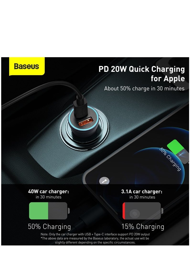 بيسوس محول شاحن سيارة USB-C بقوة 40 وات مع ولاعة سجائر وشاحن USB مزدوج وشحن سريع PD3.0 وQC 4.0 مع Type C إلى Lightning لهاتف iPhone 15/14/13/12/11 وSamsung Galaxy S20 وHuawei Mate 30 والمزيد - Image 5