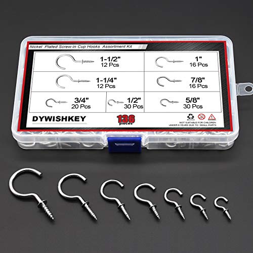 DYWISHKEY 136PCS Nickel Plated Screw-in Cup Hooks Kit - 7 Sizes for Home, Office and Workplace (1/2", 5/8", 3/4", 7/8", 1", 1-1/4", 1-1/2") - Image 2