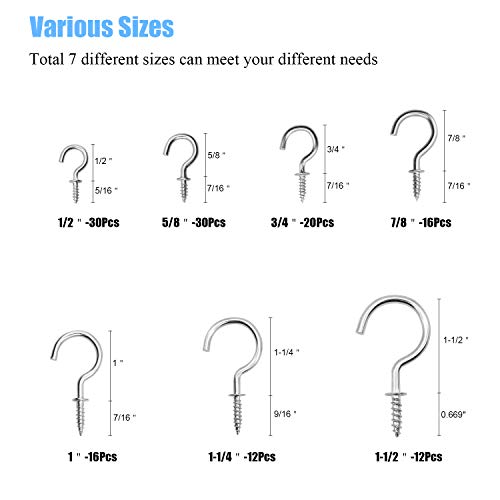 DYWISHKEY 136PCS Nickel Plated Screw-in Cup Hooks Kit - 7 Sizes for Home, Office and Workplace (1/2", 5/8", 3/4", 7/8", 1", 1-1/4", 1-1/2") - Image 3