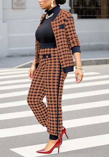LKOUS Women Two Piece Office Business Suits Plaid Print Cardigan Jacket + Loose Casual Trousers Blazer Sets - Image 4