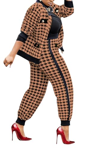 LKOUS Women Two Piece Office Business Suits Plaid Print Cardigan Jacket + Loose Casual Trousers Blazer Sets - Image 1