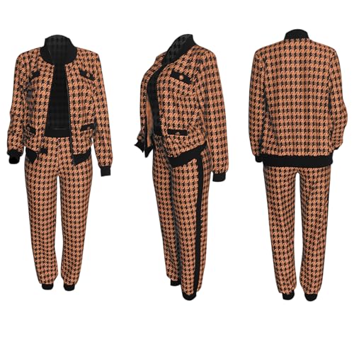 LKOUS Women Two Piece Office Business Suits Plaid Print Cardigan Jacket + Loose Casual Trousers Blazer Sets - Image 3