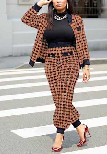 LKOUS Women Two Piece Office Business Suits Plaid Print Cardigan Jacket + Loose Casual Trousers Blazer Sets - Image 5