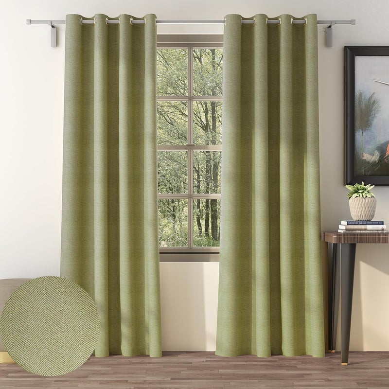 Casableu Herringbone Polyester Eyelets Steel Blackout Curtains with Tie Back Bedroom Living Room Pack of 2 L Green 7 feet - Image 1