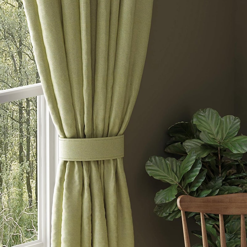 Casableu Herringbone Polyester Eyelets Steel Blackout Curtains with Tie Back Bedroom Living Room Pack of 2 L Green 7 feet - Image 4
