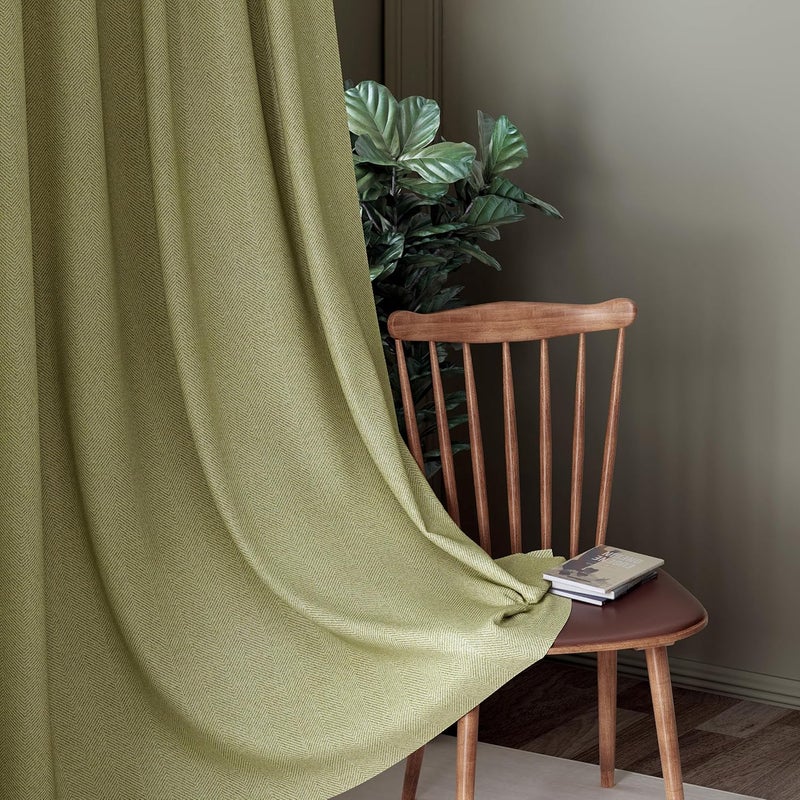 Casableu Herringbone Polyester Eyelets Steel Blackout Curtains with Tie Back Bedroom Living Room Pack of 2 L Green 7 feet - Image 2