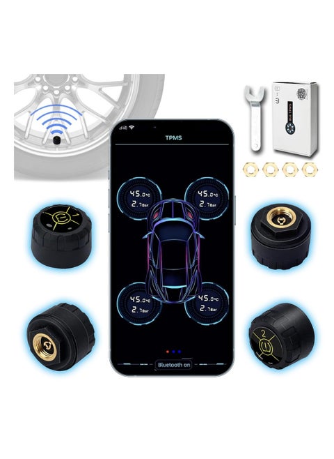 نظام مراقبة ضغط الإطارات، بلوتوث 5.0 لاسلكي TPMS مع شاشة عرض في الوقت الفعلي ومستشعر ضغط الإطارات ودرجة حرارة الإطارات للسيارات والدراجات والدراجات النارية، يدعم iOS وAndroid (4 قطع)