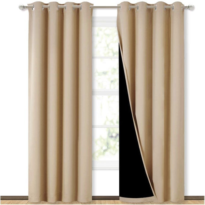 PREMIUM FULL BLACKOUT CURTAIN 100 BLACKOUT CURTAIN FOR BEDROOM WITH BLACK LINER DOUBLE LAYERROOM DARKENING NOICE REDUCING 38 FEET WIDE SET OF 2 BISCOTTI BEIGE 9 FT LONG DOOR