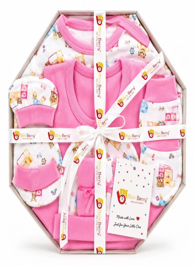 Mini Berry Newborn Baby Gift Set, Cotton, Blue Printed, Cap, Mittens & Booties, Unisex (Pink) - Image 1