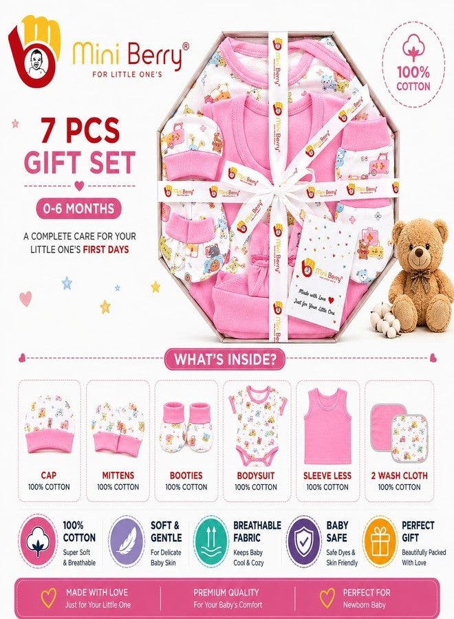 Mini Berry Newborn Baby Gift Set, Cotton, Blue Printed, Cap, Mittens & Booties, Unisex (Pink) - Image 2