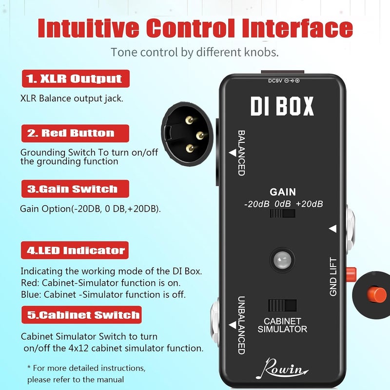 Rowin Guitar Bass Passive DI Box Instrument to Balanced and Unbalanced Micro Direct Box Pedal - Image 2