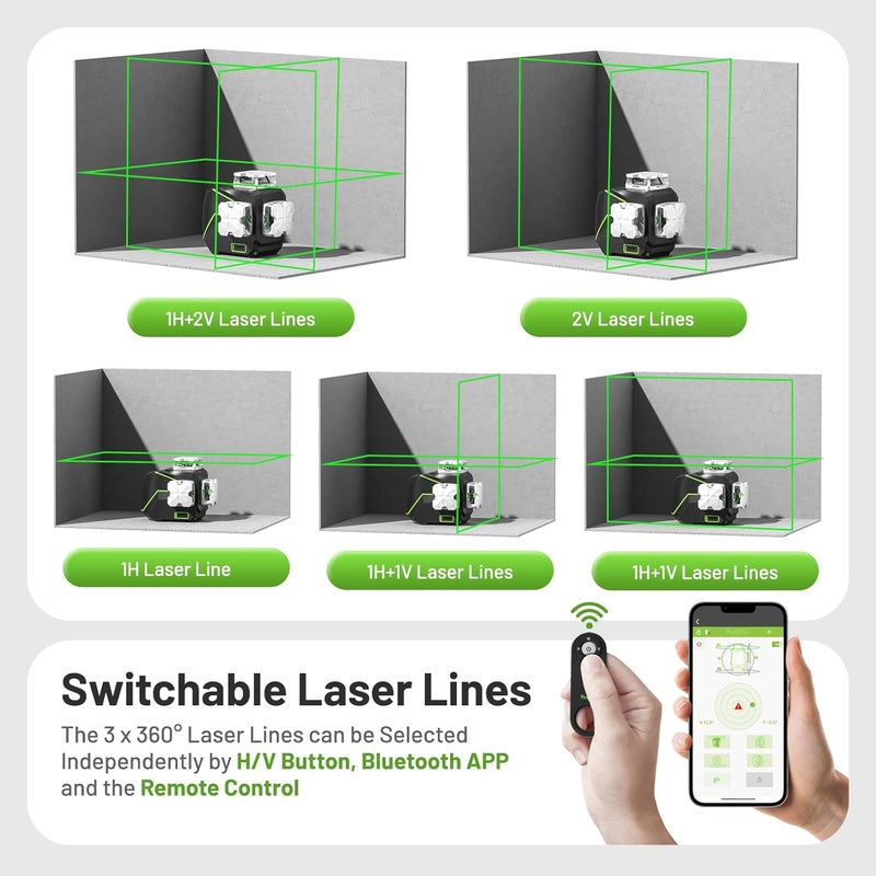 Huepar Huepar 12 Lines 3D SelfLeveling Laser Level with LCD Screen 3x360Bluetooth Connected Green Beam Cross Line Laser Level Tool 360 HorizontalVertical Laser Line Remote ControlHard Carry Case S03CG - Image 3