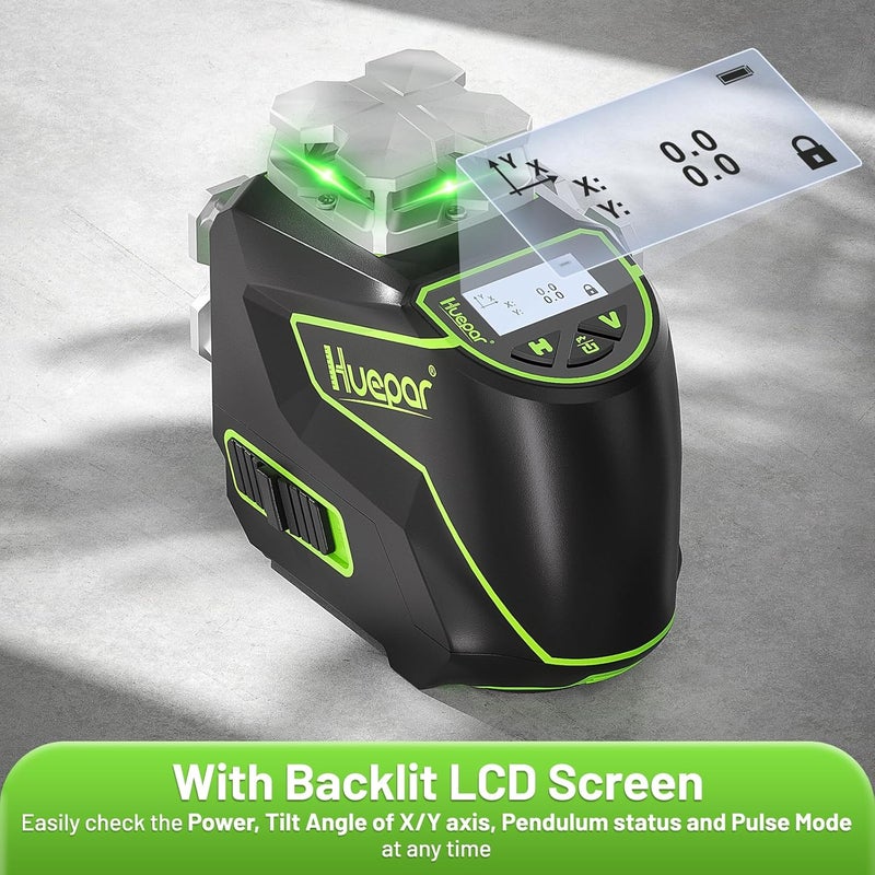 Huepar Huepar 12 Lines 3D SelfLeveling Laser Level with LCD Screen 3x360Bluetooth Connected Green Beam Cross Line Laser Level Tool 360 HorizontalVertical Laser Line Remote ControlHard Carry Case S03CG - Image 2