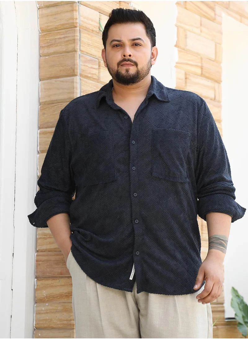 انستافاب بلس Instafab Plus Men's Midnight Black Axisline Utility-Relaxed Shirt For Casual Wear | Spread Collar | Long Cuffed Sleeves | Button Closure | Plus Size Shirt Crafted With Comfort Fit For Everyday Wear