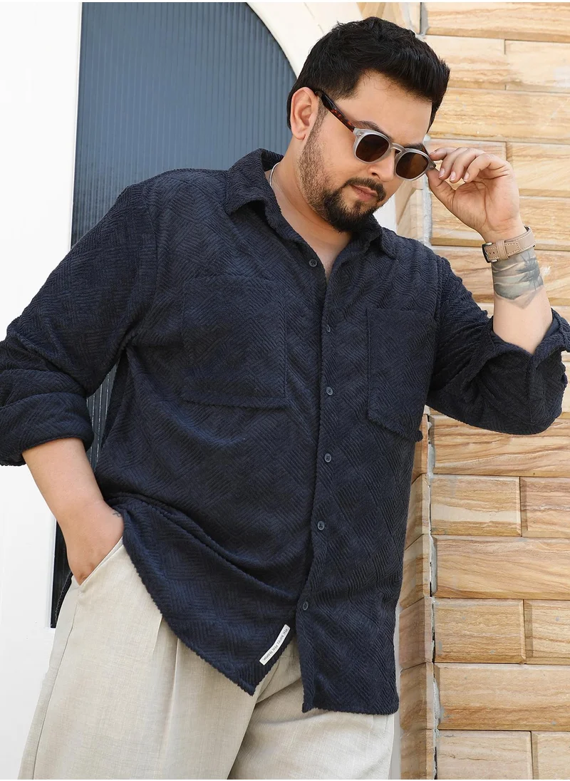 انستافاب بلس Instafab Plus Men's Midnight Black Axisline Utility-Relaxed Shirt For Casual Wear | Spread Collar | Long Cuffed Sleeves | Button Closure | Plus Size Shirt Crafted With Comfort Fit For Everyday Wear