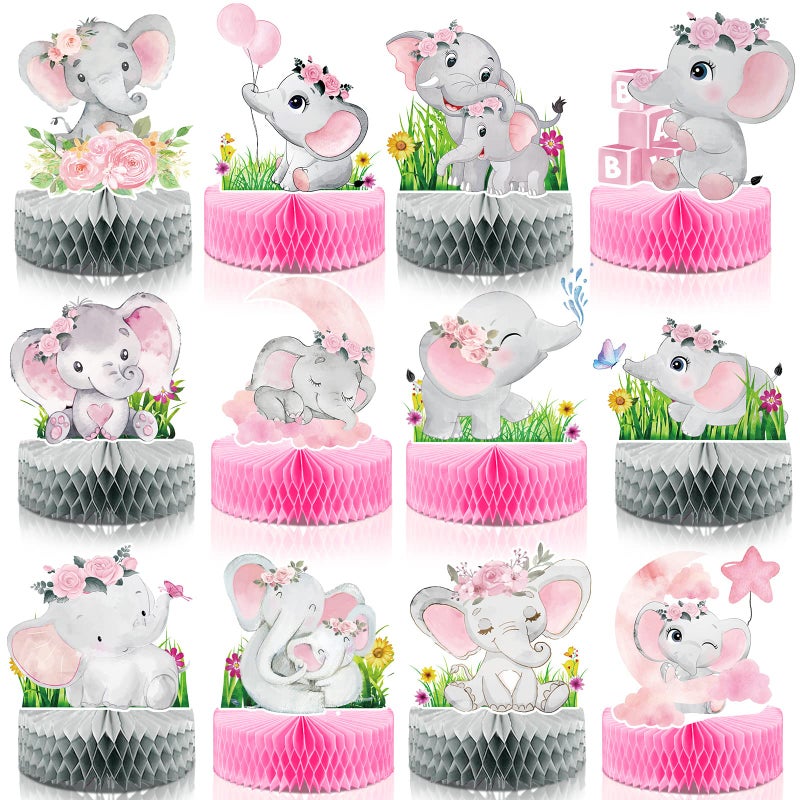 Tudomro 12 Pcs Pink Elephant Honeycomb Centerpieces Baby Shower Table Decorations Elephant Theme Party Centerpieces for Birthday Shower Wedding Party Supplies - Image 2