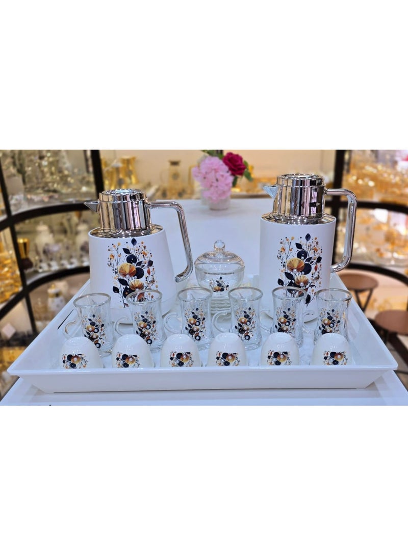 دمنهور طقم ترمس 22 قطعة 6 أكواب شاي مع 6 سوسر 6 أكواب كاوا 1 وعاء سكر 2 ترمس 1 صينية