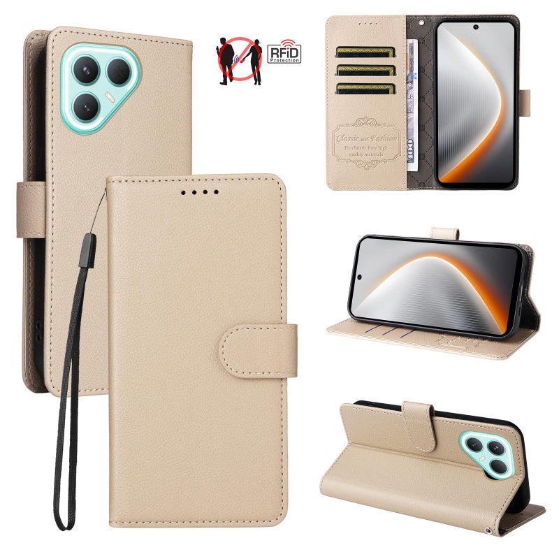 erorex For Tecno Pova 7 Pro 5G Litchi Texture RFID Blocking 3-Card Wallet Leather Phone Case(Beige) - Image 1