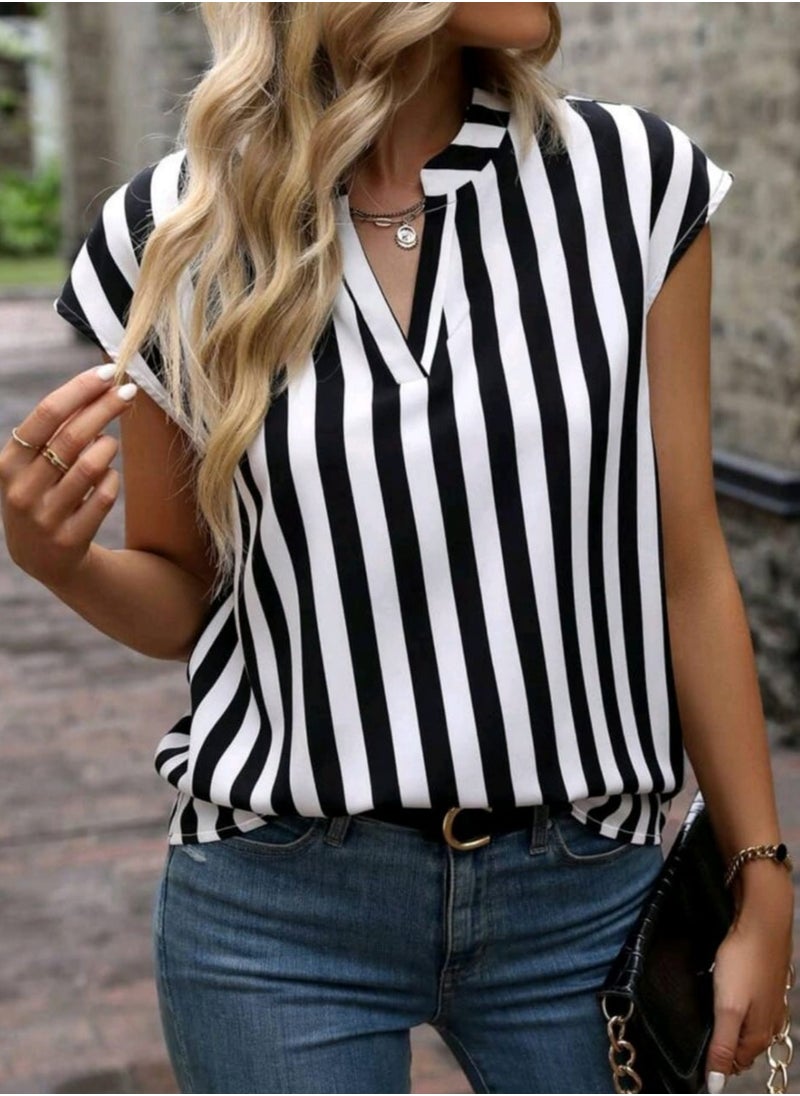 Shein SHEIN LUNE Striped Print Notched Neckline Batwing Sleeve Blouse  - Image 2