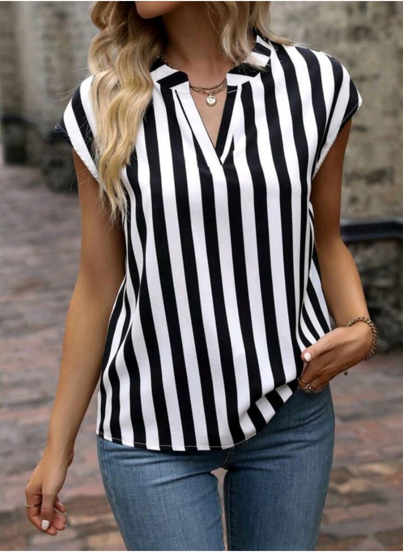 Shein SHEIN LUNE Striped Print Notched Neckline Batwing Sleeve Blouse  - Image 3