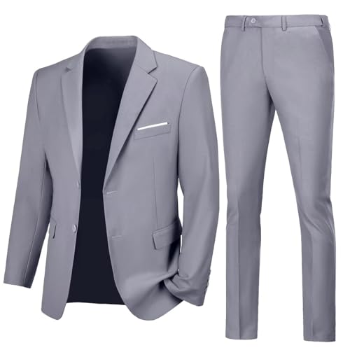 Lynerun Mens Suits Slim Fit 2 Piece Formal Wedding Groom Mens Suit Jacket Pants Prom Light Grey Suit for Men 2 Button Homecoming Tuxedo for Men XL - Image 1