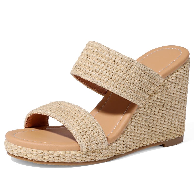 mikarka Slip On Wedge Sandals for Women Open Toe Espadrilles Platform Slides Dressy High Heel Beach Summer Sandal Comfortable Wedges Shoe Mules Brown Raffia US Size 8 - Image 1