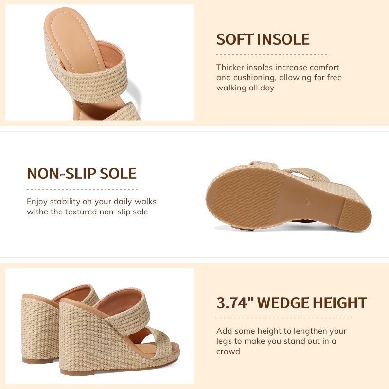 mikarka Slip On Wedge Sandals for Women Open Toe Espadrilles Platform Slides Dressy High Heel Beach Summer Sandal Comfortable Wedges Shoe Mules Brown Raffia US Size 8 - Image 4