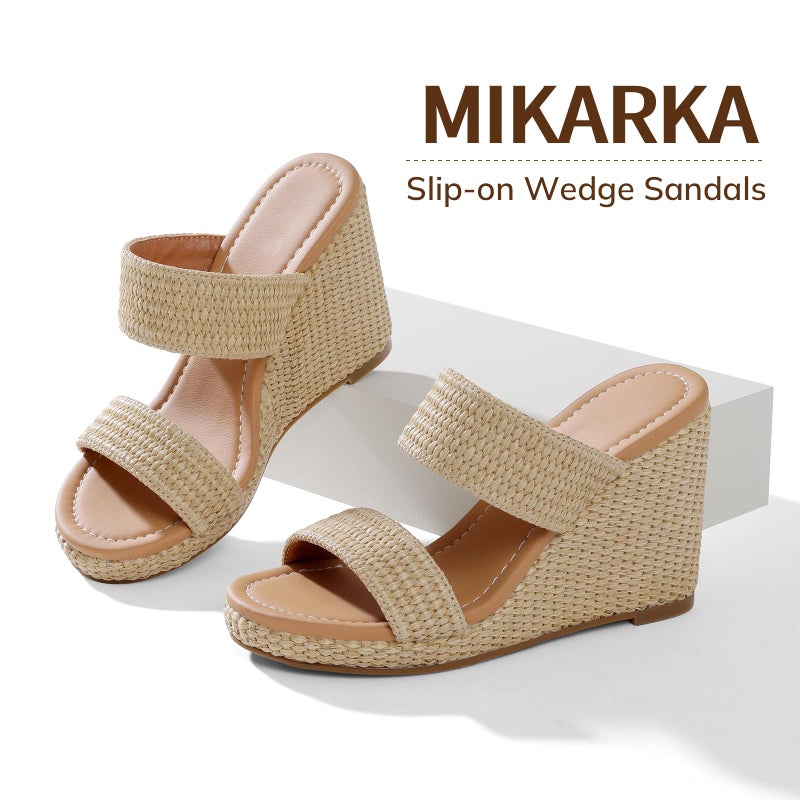 mikarka Slip On Wedge Sandals for Women Open Toe Espadrilles Platform Slides Dressy High Heel Beach Summer Sandal Comfortable Wedges Shoe Mules Brown Raffia US Size 8 - Image 2