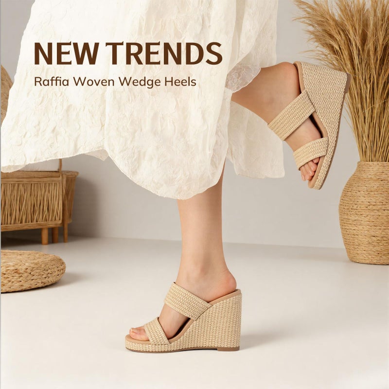 mikarka Slip On Wedge Sandals for Women Open Toe Espadrilles Platform Slides Dressy High Heel Beach Summer Sandal Comfortable Wedges Shoe Mules Brown Raffia US Size 8 - Image 3