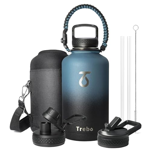 Trebo Water Bottle 64oz with Paracord Handle Half Gallon Large Vacuum Double Wall Stainless Steel Insulated Water Jug with Holder Strap Straw Spout Lids Leakproof Keep Cold  Hot IndigoBlack