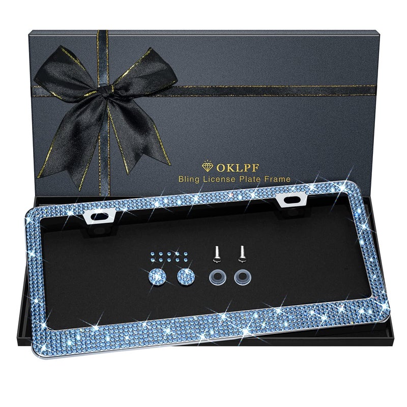 OKLPF Bling License Plate Frame for Women, 1PCS Sparkly License Plate Frames| Over 1200 pcs 14 Facets Bedazzled Clear Glass Diamond Rhinestone Crystals w/Free Glitter Diamond Box (Light Blue) - Image 1