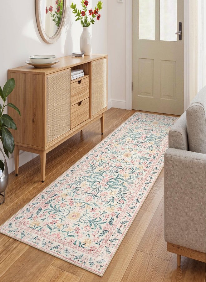 Wonnitar Floral Washable Runner Rug, 2'6"x8' Runners for Hallways Pink Rugs for Entryway Bedroom, Boho Non Slip Soft 8ft Long Carpet for Kitchen Bathroom Laundry - Image 1