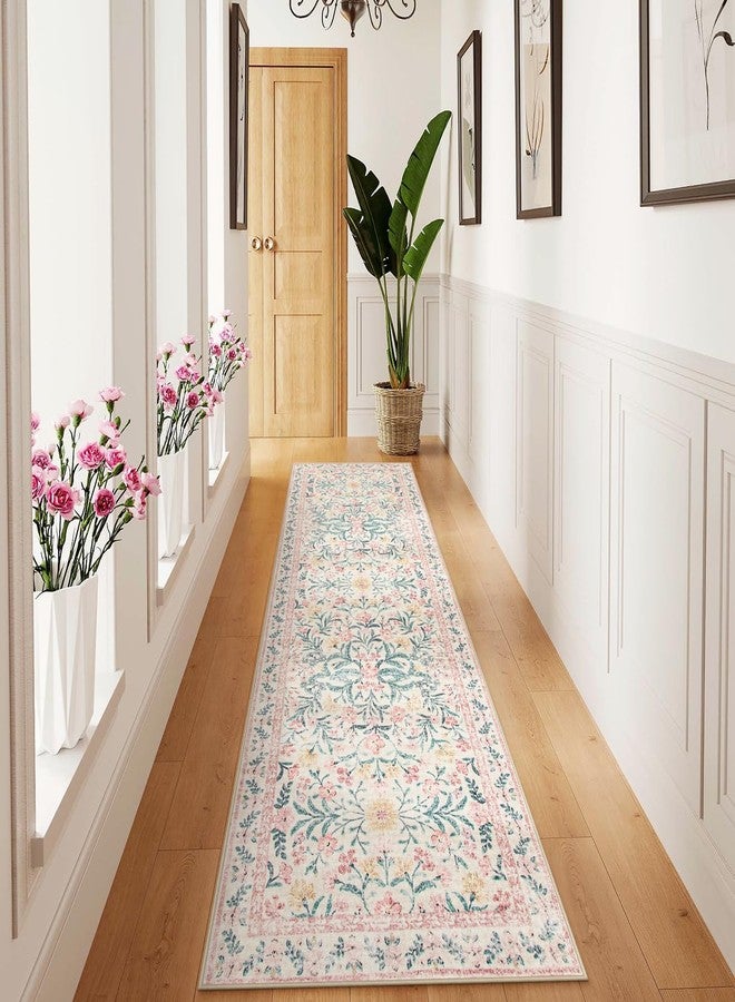 Wonnitar Floral Washable Runner Rug, 2'6"x8' Runners for Hallways Pink Rugs for Entryway Bedroom, Boho Non Slip Soft 8ft Long Carpet for Kitchen Bathroom Laundry - Image 2