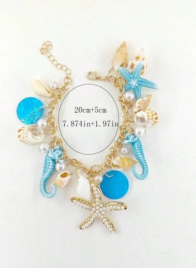 1pc Bohemian Style Alloy & Pearl Ladies' Beach Bracelet With Seashells, Sea Snails And Starfishes, Summer - Image 3