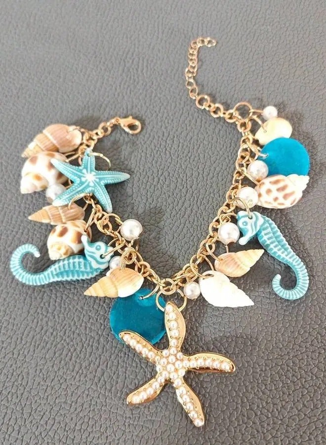 1pc Bohemian Style Alloy & Pearl Ladies' Beach Bracelet With Seashells, Sea Snails And Starfishes, Summer - Image 2