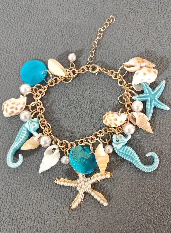 1pc Bohemian Style Alloy & Pearl Ladies' Beach Bracelet With Seashells, Sea Snails And Starfishes, Summer - Image 1