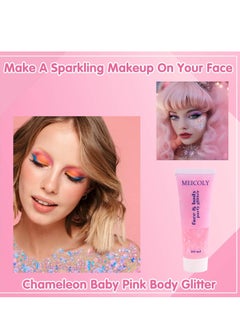 MEICOLY MEICOLY Chameleon Baby Pink Body Glitter,Pink Turn to Purple Face Glitter Paint,Color Changing Mermaid Face Glitter Gel for Halloween,Chunky Glitter for Face Body Hair,Festival Party Glitter Makeup  - Image 3